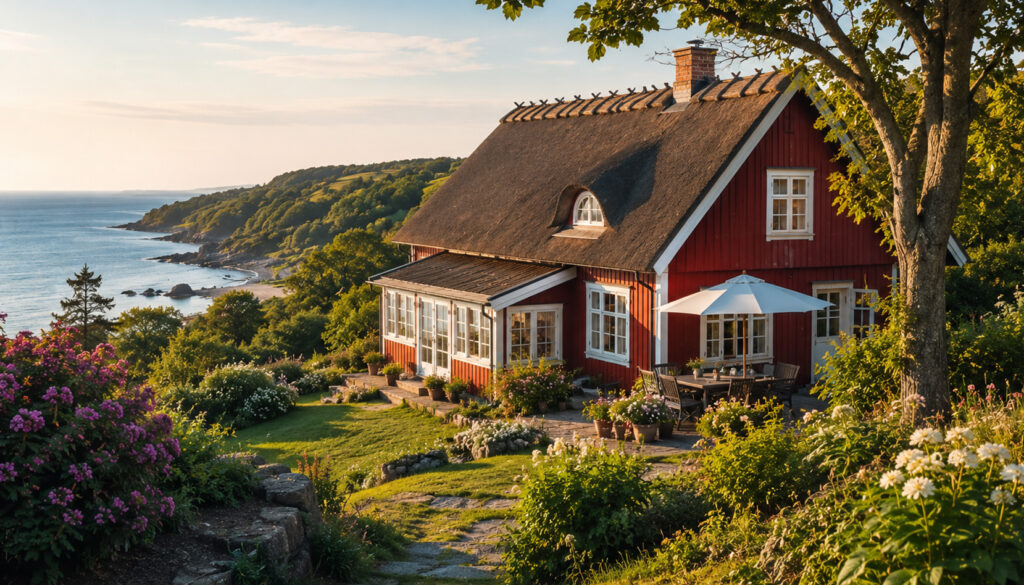 Traditionelles rotes Schwedenhaus in Südschweden mit Küstenlandschaft und Meerblick.