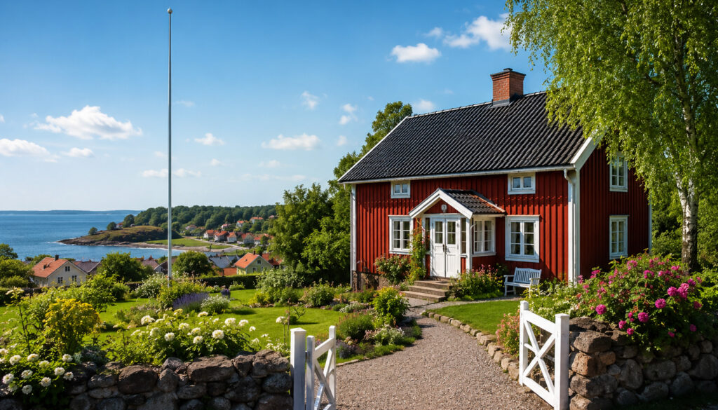 Traditionelles Haus in Skåne nahe der Küste mit typischer Landschaft und Blick auf die schwedische Ostsee.