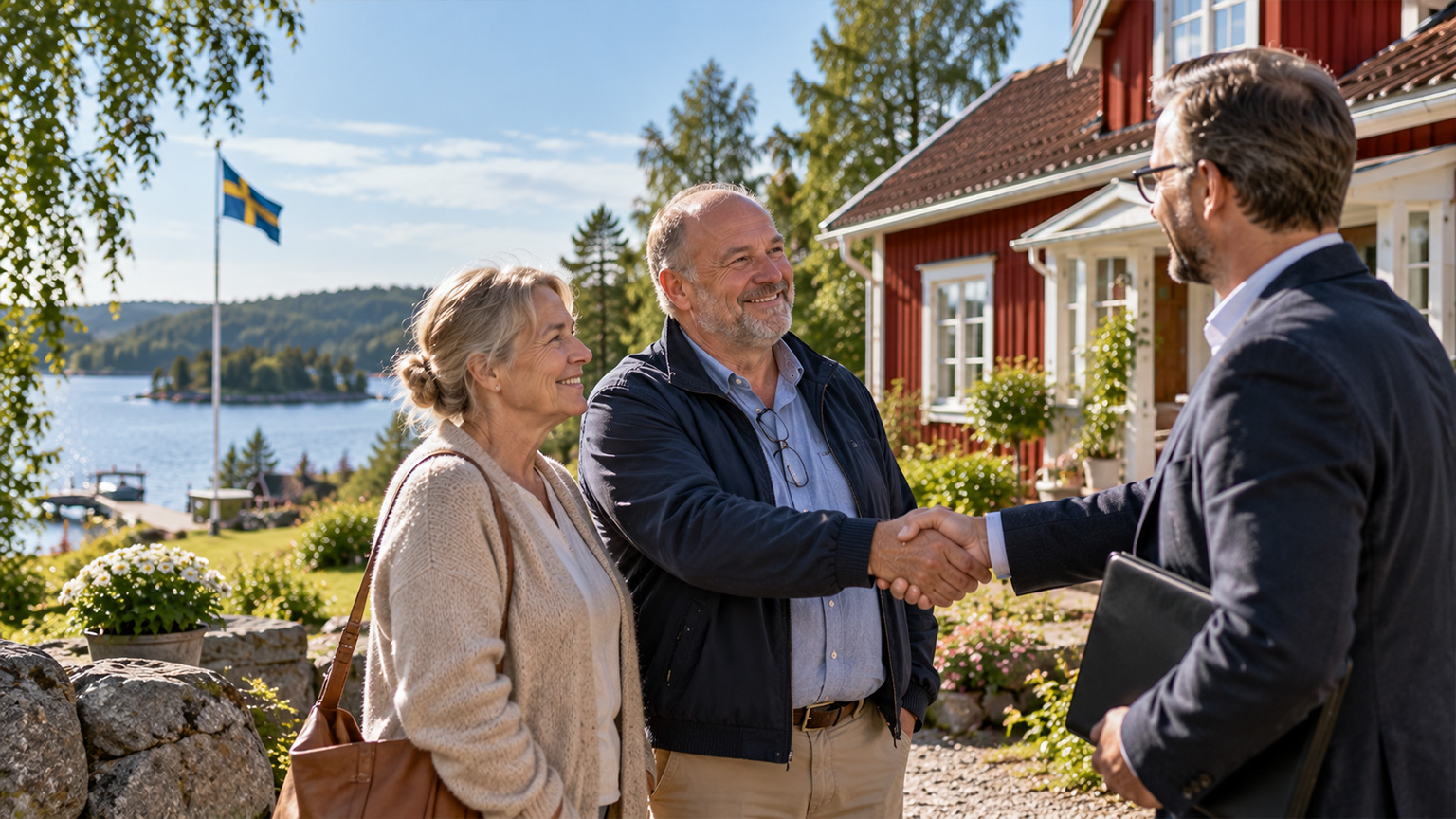 Älteres Ehepaar beim Hauskauf in Schweden vor einem typisch schwedischen Haus